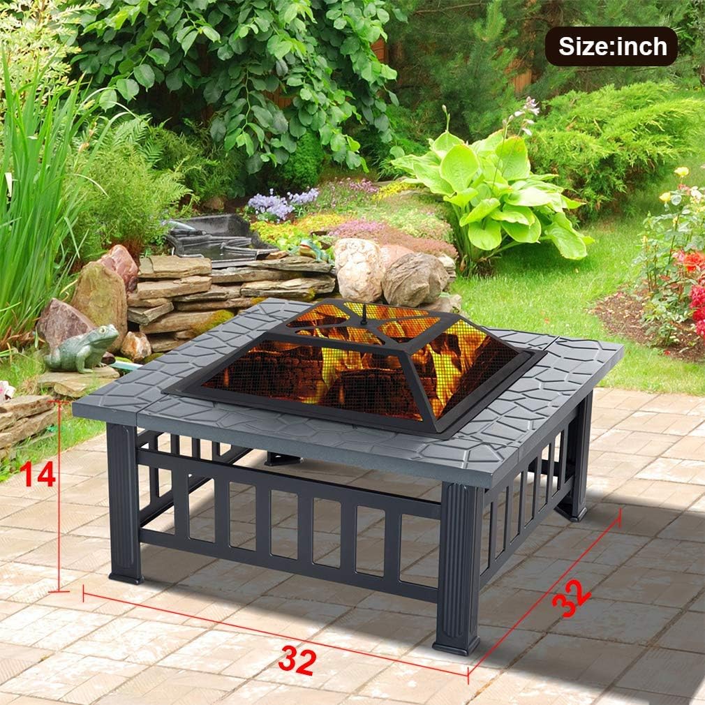 Fire Pit, 32” Outdoor Metal Fire Pit Table with Durable Steel Frame, Poker & Mesh Cover, Wood Burning Square Fireplace Backyard Patio Stove for Camping Picnic Bonfire BBQ, Black