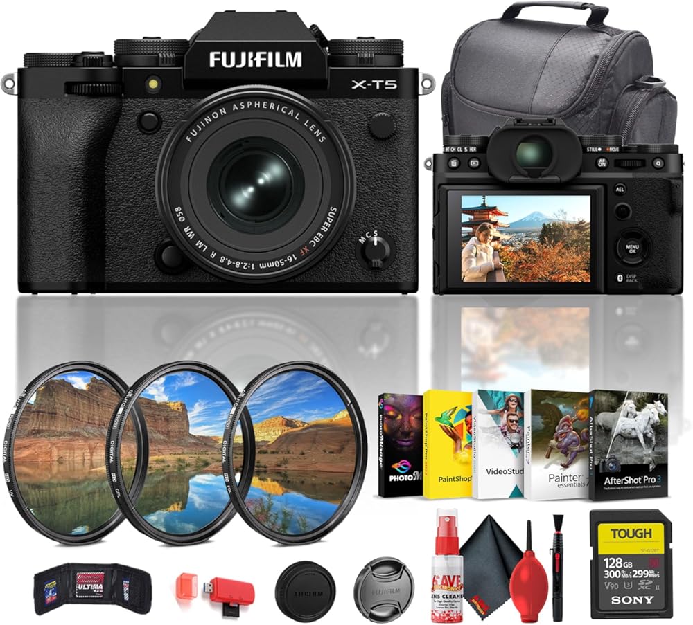 Fujifilm X-T5 Mirrorless Camera with XF 16-50mm Lens in Black (16842840) Bundle Including: 128 GB Memory Card, 3-Piece Filter Kit, Art Studio Software, Camera Case, Card Reader, Full Cleaning Kit