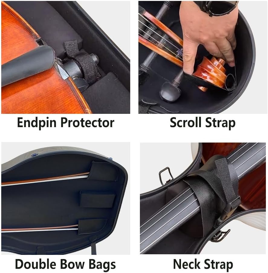 Carbon Fiber Cello Case 4/4 Full Size - Heavy-Duty Hard Shell with Bow Storage & Accessory Pockets | Fits Full Size Cello Protection for Musical Instrument Cases (White)