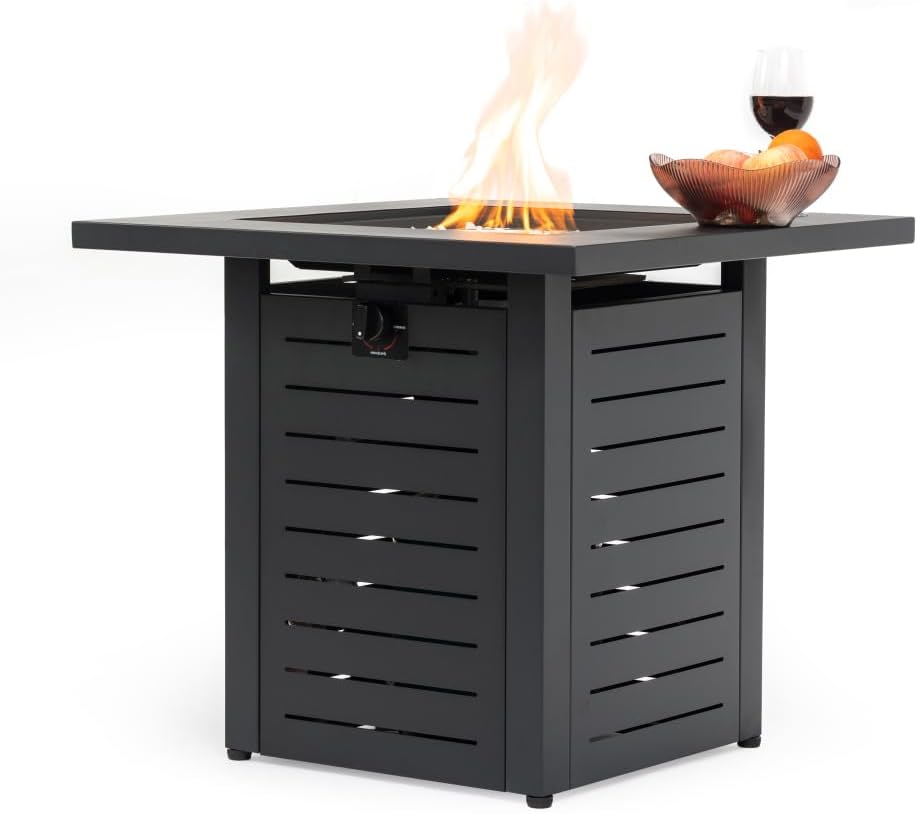 28 Inch Square Propane Fire Pit Table with Glass Beads, 50000 BTU Outdoor Steel Fire Pit for Patio Deck Garden Backyard