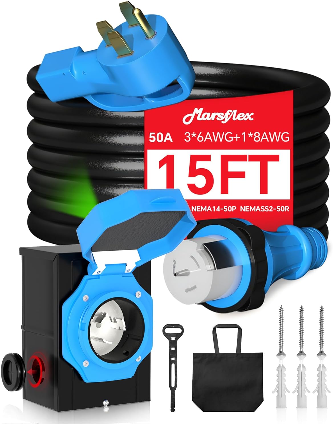 Marsflex 15FT 50 Amp Generator Cord and Power Inlet Box Kit, Pre-Drilled Inlet Box with NEMA 14-50P / SS2-50R Generator Cord, for 125/250 Volt 12500 Watts, Weatherproof Outdoor to House, ETL Listed
