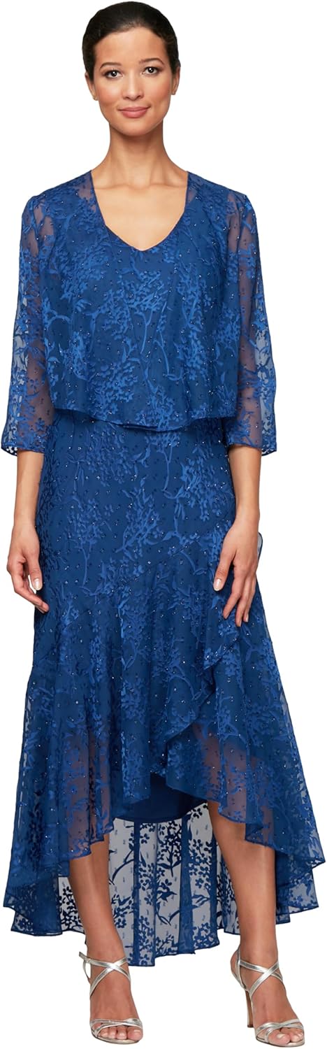Alex Evenings Womens Sleeveless Printed Chiffon Midi Spring/Summer Mother of The Bride Dress with Jacket & High-Low Hemline