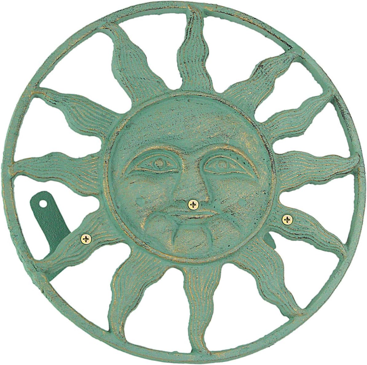 Verdigris Green Finish Cast Iron Sun Face Decorative Wall Mounted Garden Hose Hanger - 12 Inches in Diameter - Simple Installation -75 Foot Capacity Hose Holder