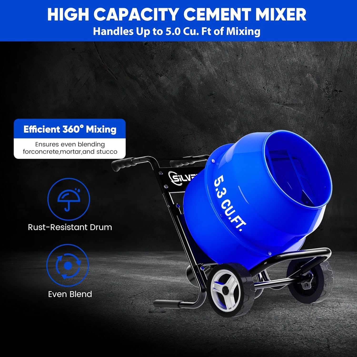 SILVEL Concrete Mixer 5.3 Cu.Ft. – 750W 1HP Cart-mounted Electric Cement Mixer, Heavy Duty Power Cement Mixing Machine for Mortar, Stucco and Fodder, Blue