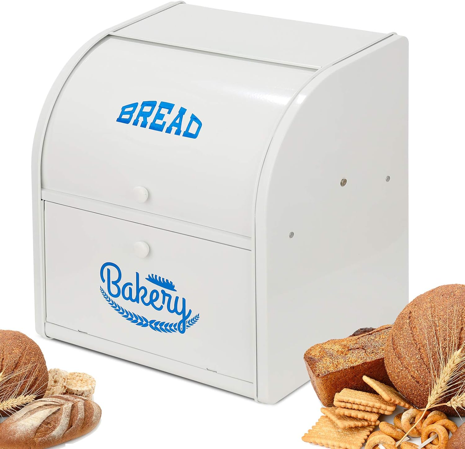 Bread Box, Metal Bread Box for Kitchen Countertop, 2 Layer Roll Top Bread Boxes, Stainless Steel Bread Storage, Kitchen Counter Bread Bin, Airtight Holder for Homemade Bread（White）