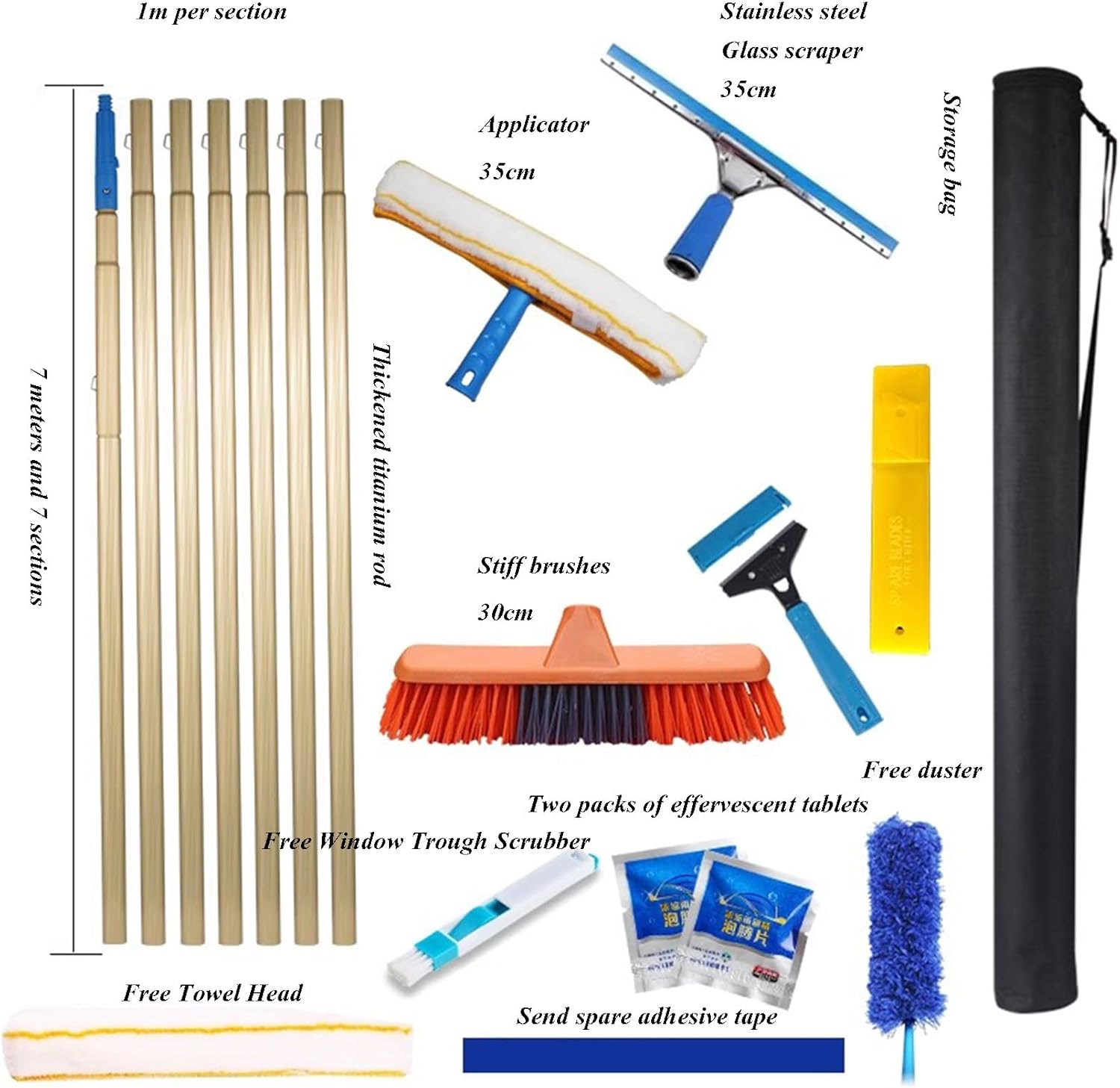 Adjustable Window Cleaning Pole Kit with Multiple Cleaning Tools and BrushHead, Aluminum Handle, Indoor/Outdoor, High Windows, Caravan, Solar Panel, Deck Cleaner