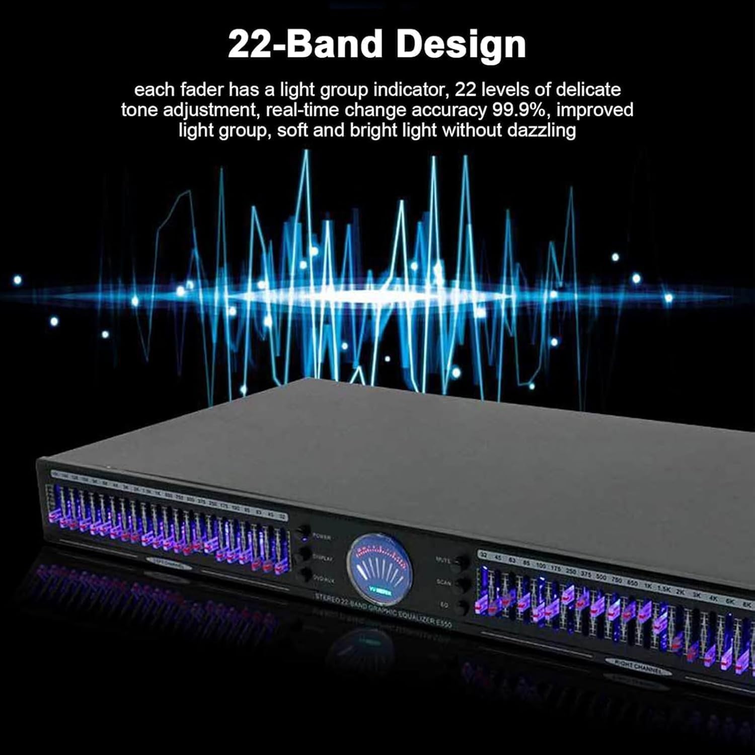 22-Band Audio Equalizer, Stereo Graphic Equalizer with flashing lights, 1U Rack Mount, with 10 Preset Effects, Hifi Home EQ Tuning Noise Reduction, Low/Mid/Treble Adjustment, for Recording Studio