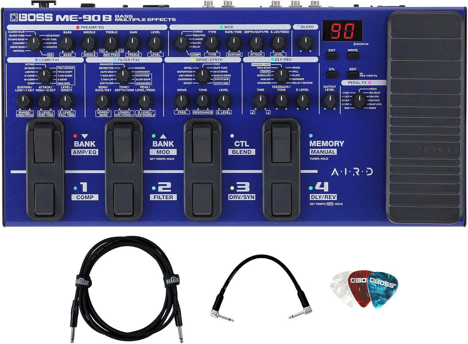 Boss ME-90B Bass Multi-Effects Bundle with Gearlux Instrument Cable, Patch Cable, and Picks
