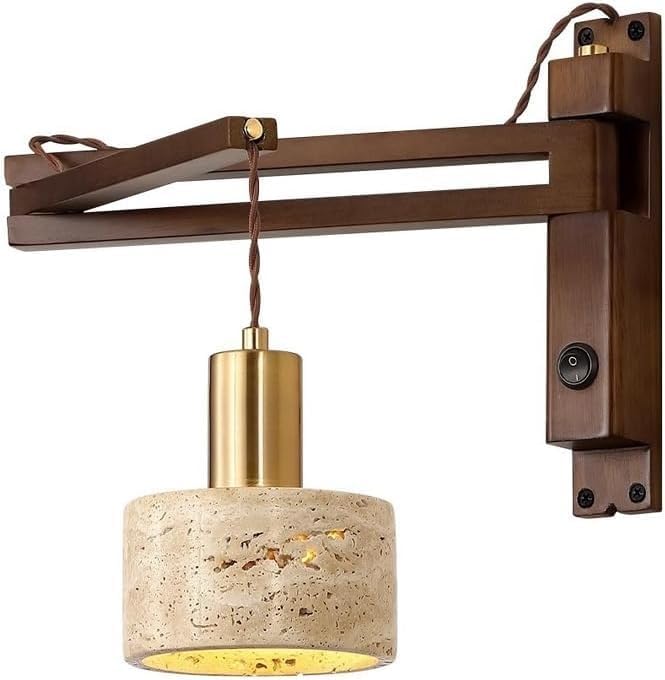Swing Arm Wall Sconce, Natural Yellow Travertine Lampshade Rotate And Stretch Reading Lamp, Rubber Wood Lamp Body E26/E27 Wall Light Home Bedroom Bedside Decorative Lighting Fixtures(Walnut w