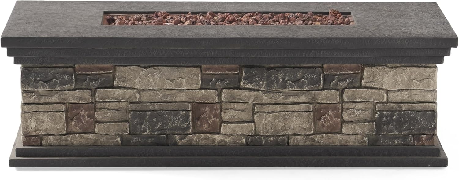Rectangle Fire Pit 50,000 Btu, Stone Gray – Outdoor Gas Fire Pit with Lava Rocks, Durable Steel Construction, Easy Ignition, Patio, Backyard, Deck (1 Doors)