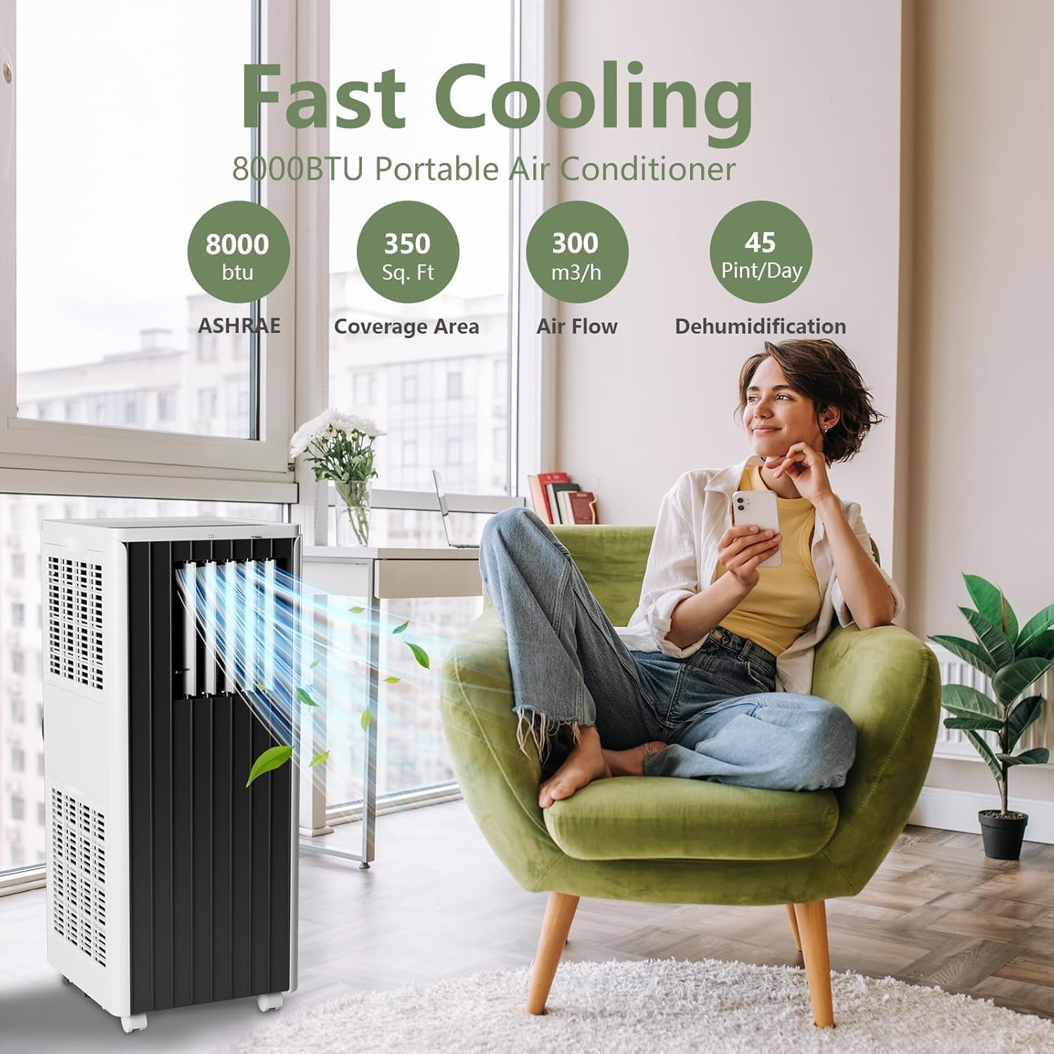 Portable AC Unit with 8000 BTU Cooling, Remote Control & 24-Hour Programmable Timer, Low-Noise Design for Rooms Up to 350 Sq.Ft, Ideal for Dorm or Office Use, Black and White Design