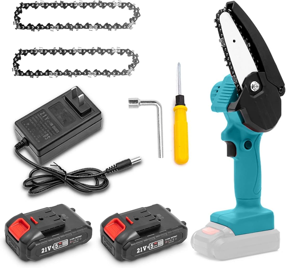Mini Chainsaw Cordless, 4 Inch Battery Powered Chainsaw, Splash Guard & Switch Security Lock, 2 Pcs 24V Rechargeable Battery, Handheld Portable Electric chain saws for Wood Cutting, Tree Pruning