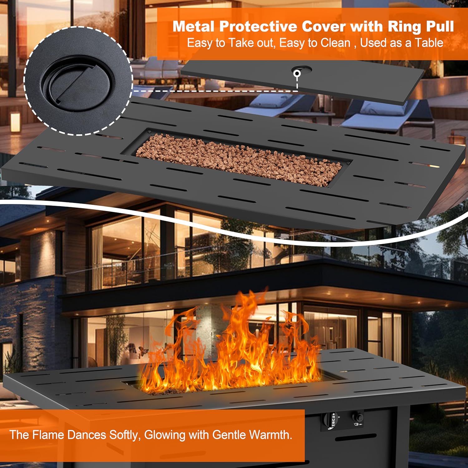 Walsunny 43 inch Outdoor Propane Fire Pit 50,000 BTU Gas Fire Pit Table with Lid, Waterproof Cover, Rectangle Gas Firepit Table for Garden/Patio, CSA Certification