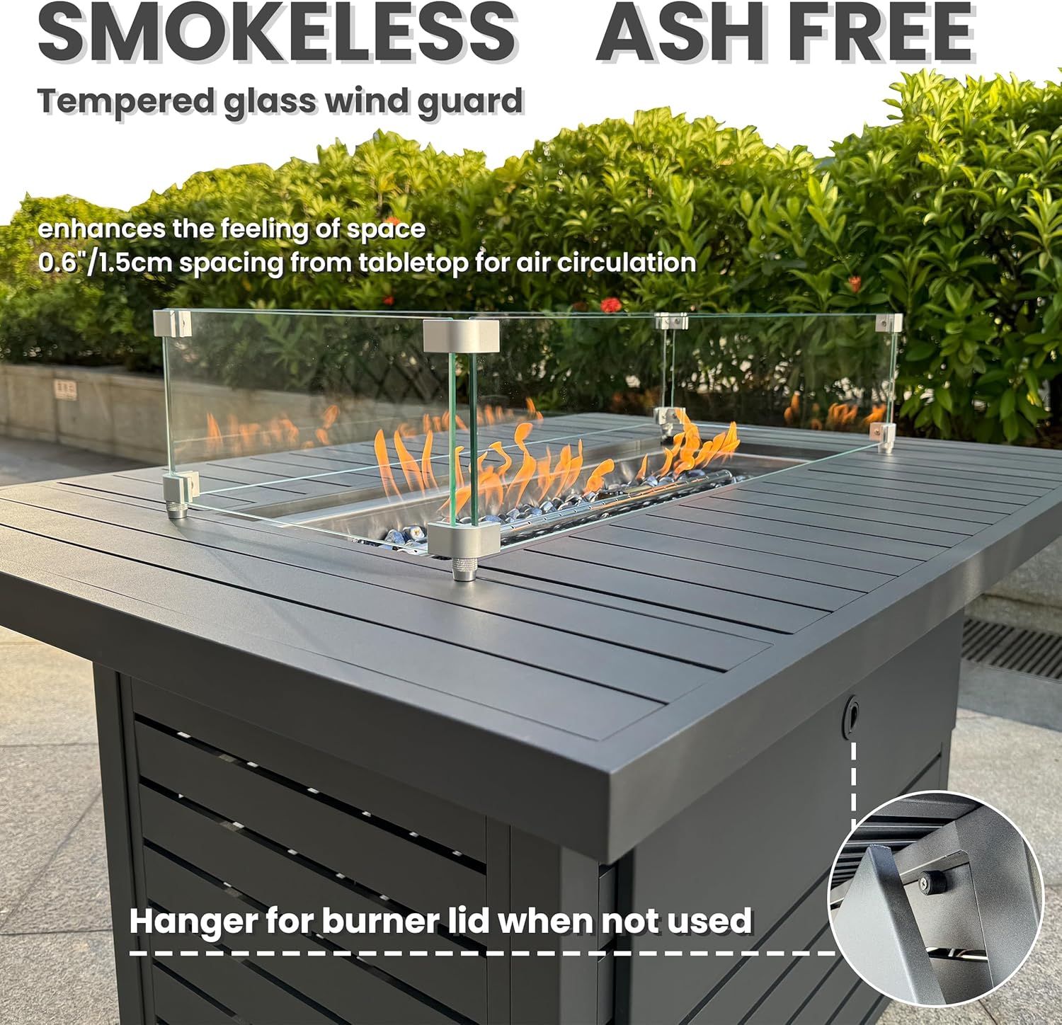 Rectangle Propane Fire Pit Table: 43'' Aluminum Patio Gas Fire Table - 50000 BTU Rustproof Tabletop Firepit Wind Guard Glass Beads - Outdoor Heating Porch Deck Gazebo Backyard Garden - Dark Gray