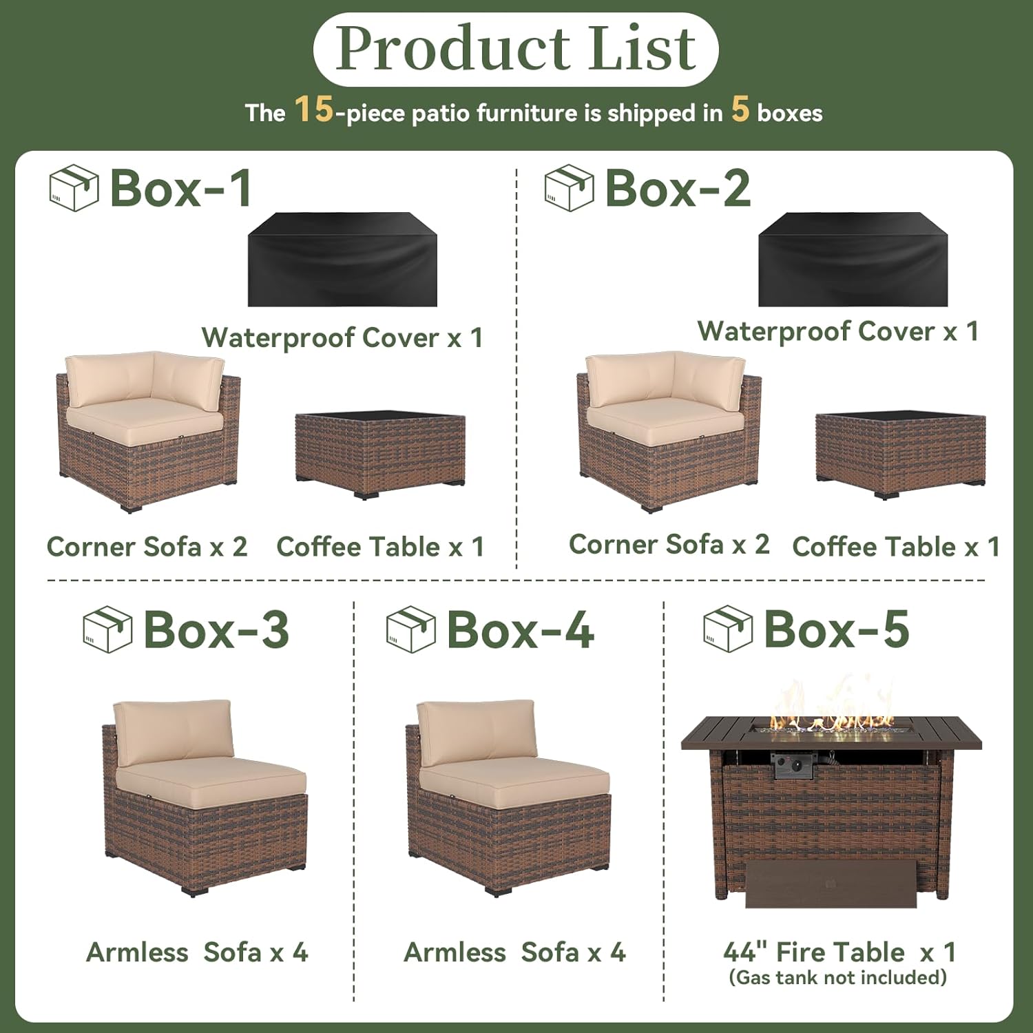 Aoxun 15 Piece Patio Furniture Set with 44” Fire Pit Table Wicker Rattan Outdoor Sectional Sofa Set with Coffee Table and Thickened Cushions, Beige (Waterproof Cover Included)