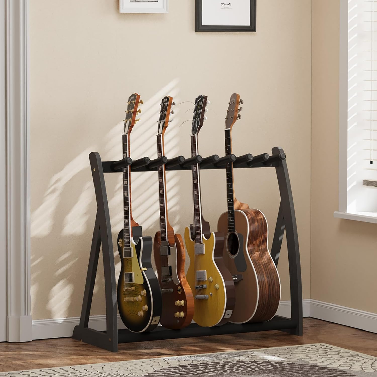Multi Guitar Stand Heavy Duty - Wood Floor Stand for Electric Guitar and Bass, Adjustable Non-Slip Guitar Rack, Holds Multiple Guitars & Basses (Electric Guitar Stand, Bass Stand, Wood Guitar Stand)