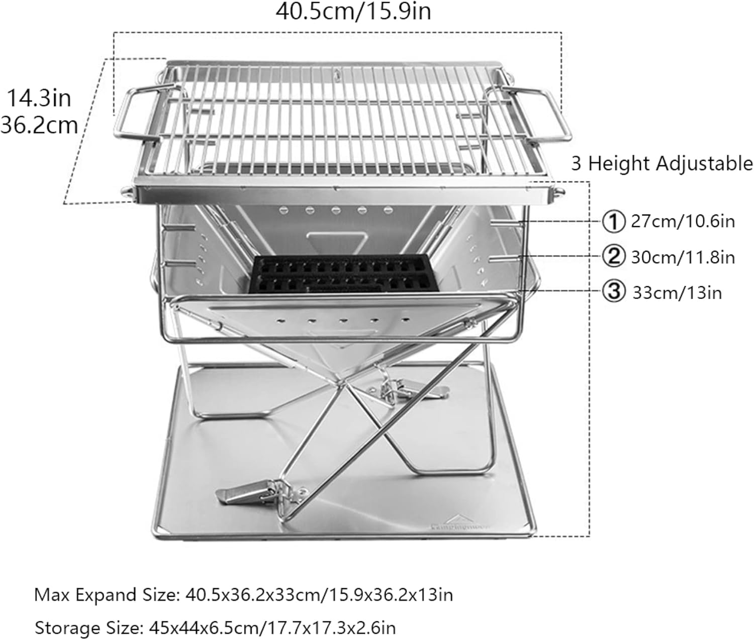 Folding Campfire Grill Outdoor Charcoal Barbecue Rack Stainless Steel Portable Camping Fire Pit Wood Burner Stove with Carrying Bag for Travel Picnic Garden