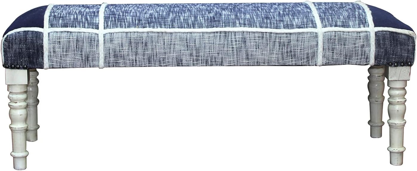 LR Home Navy Upholstered Bench for Bedroom End of Bed | Farmhouse Plaid Accent Bench for Living Room, Entryway, or Hallway | 47
