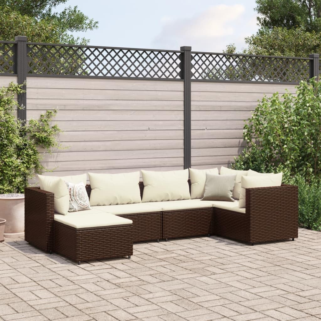 6 Piece Patio Lounge Set with Cushions Brown Poly Rattan,AllWeather Patio Furniture Set with Modular Design and Comfortable Cushions Patio Furniture, Outdoor Furniture Sets