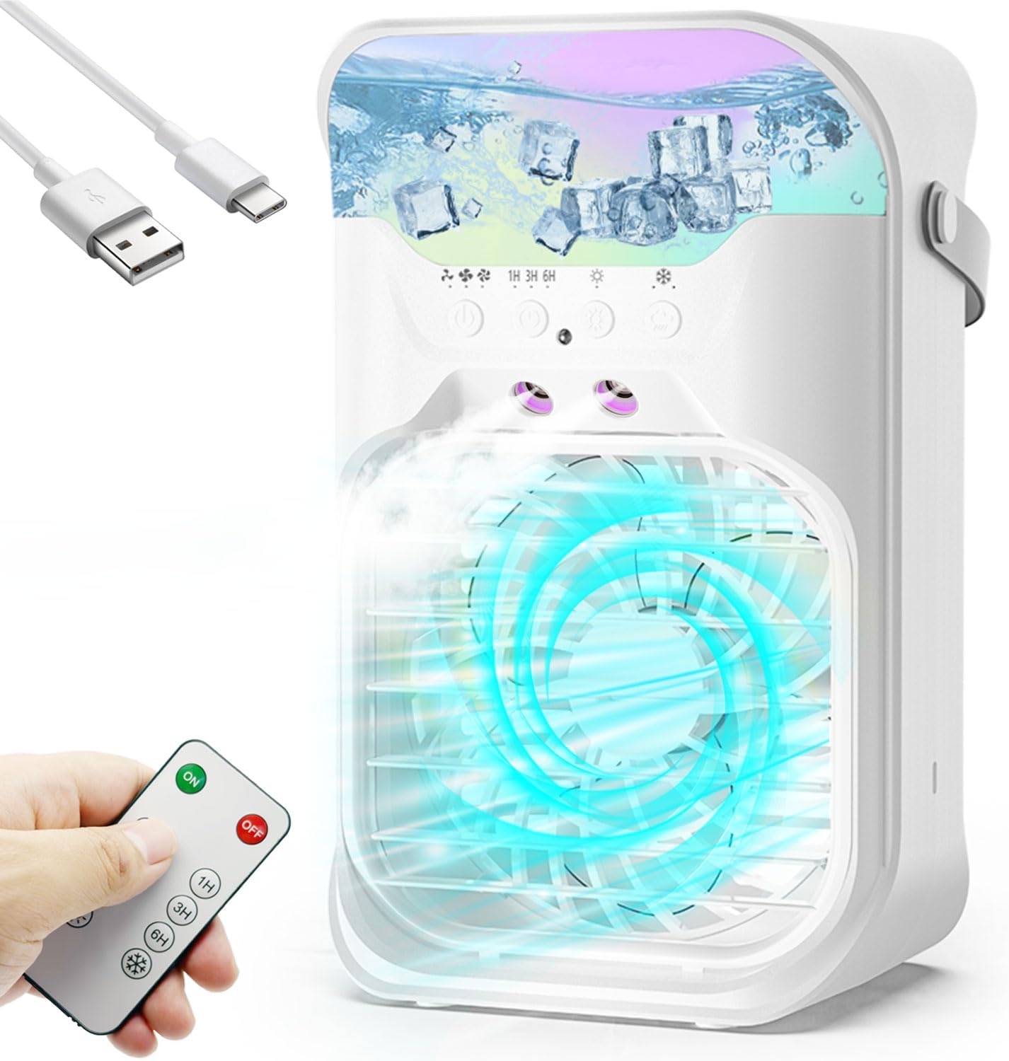 IWENNUAN Portable Air Conditioners, 4 in 1 Portable AC Unit with Remote, 1500ml Water Tank, 3 Speeds, 6H Timer, 2 Spray Mist, 7 Night Light, Personal Mini Air Conditioner for Bedroom, W