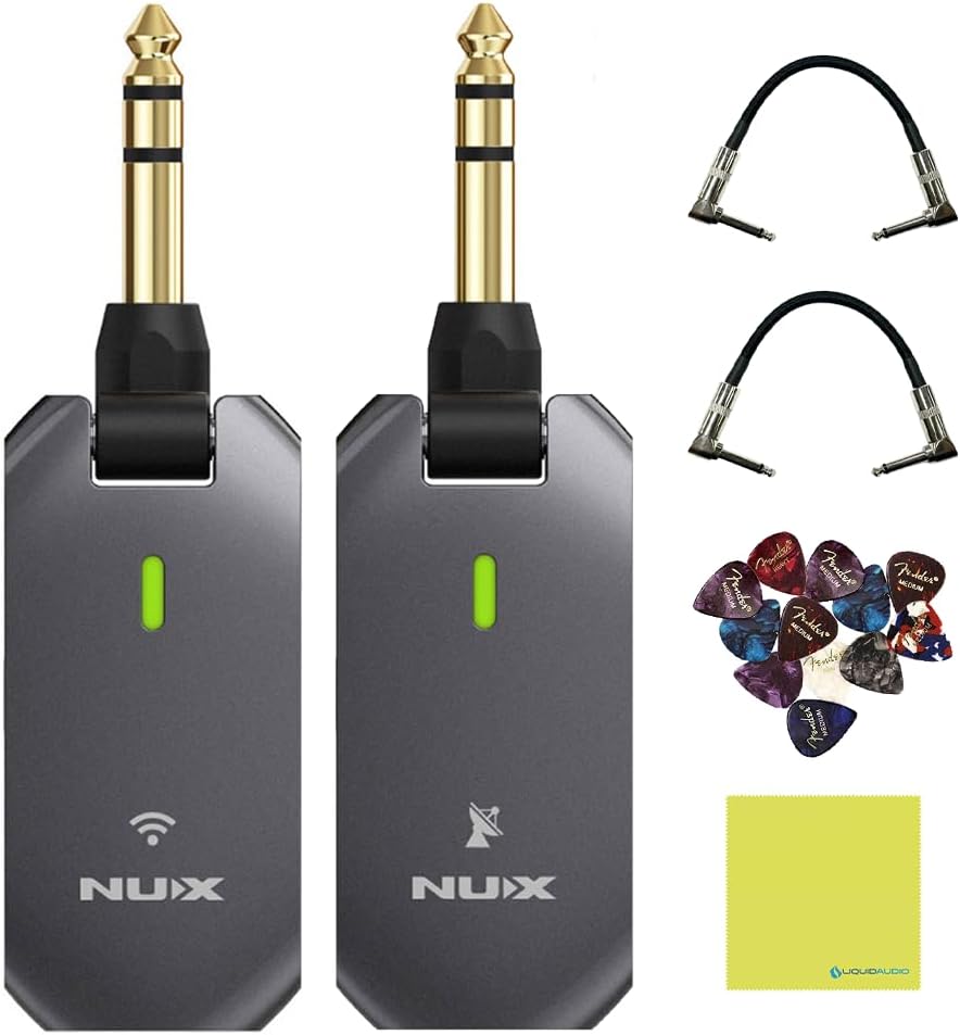 NUX Guitar Wireless System (C-5RC 5.8GHz) for Active/Passive Pickup Guitar with Charging Case Bundle with 2x Strukture S6P48 Woven Right Angle Patch Cables, 12x Fender Guitar Picks & Polishing Cloth