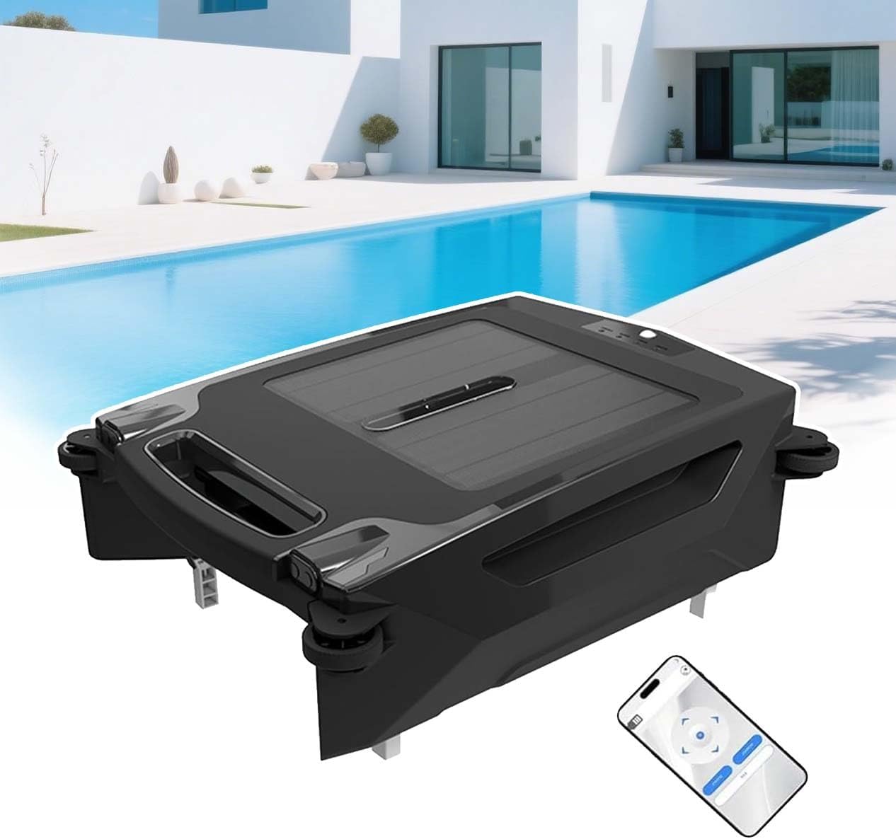 Dual Charging Robotic Pool Cleaner with App Control, Solar Panel & 2500mAh Battery – 3.4L Basket Pool Skimmer for 100㎡ Inground Pools, Ultrasonic Obstacle Detection, IPX7