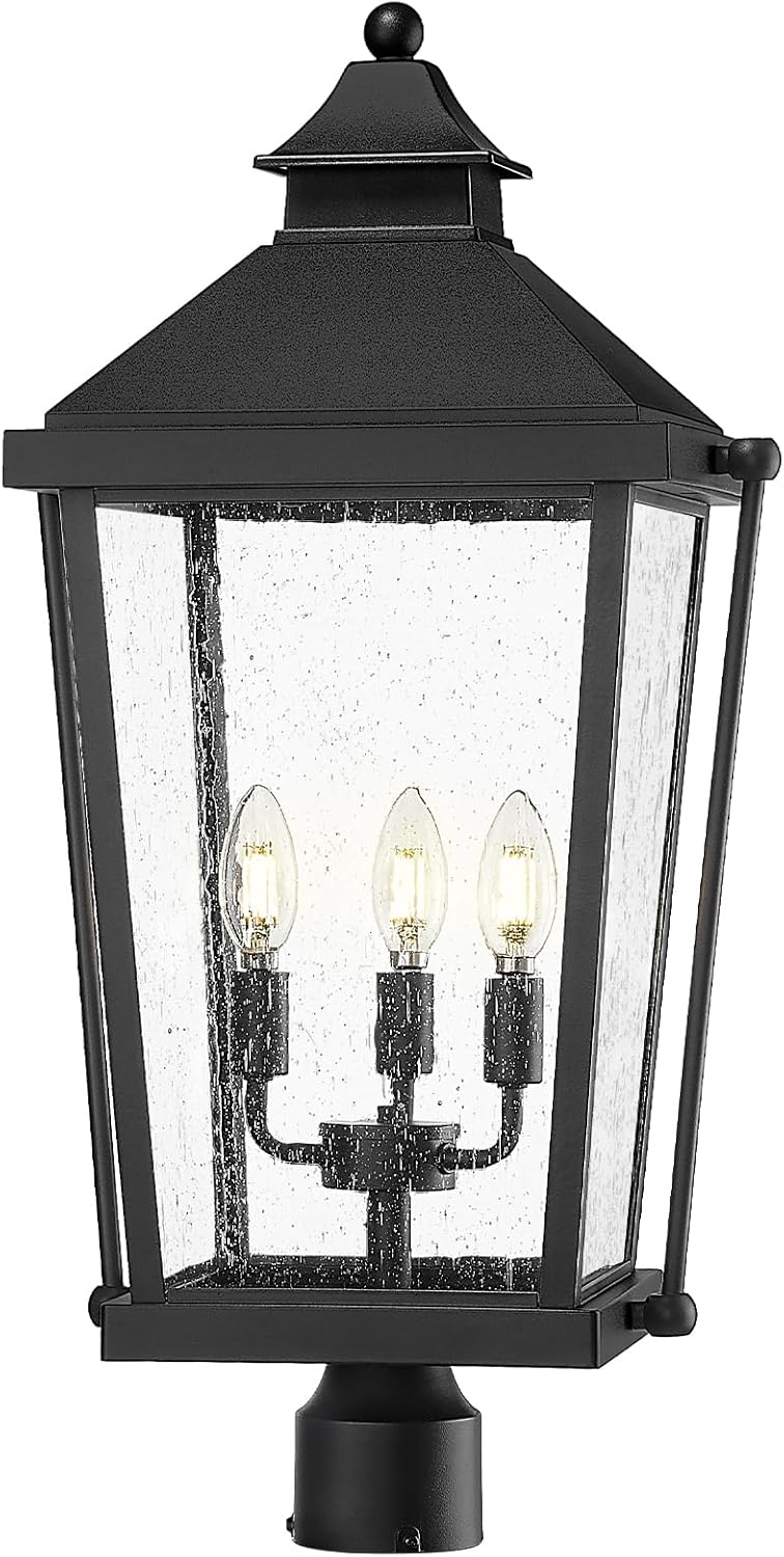 zeyu Large Outdoor Lamp Post, 26'' 3-Light Post Light Fixture for Garage Courtyard, Waterproof Aluminum with Seeded Glass Shade, Black Finish, ZW105P-L BK