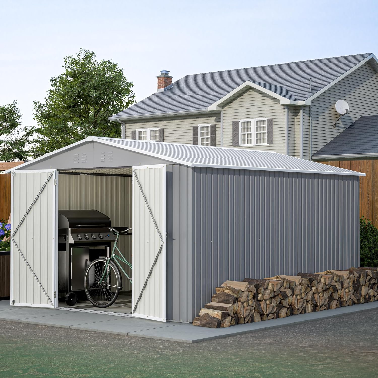 Outdoor Storage Shed, 10 X 12 FT Large Metal Utility Tool Sheds with Floor Frame, Steel Garden Shed for Backyard Garden Patio Lawn