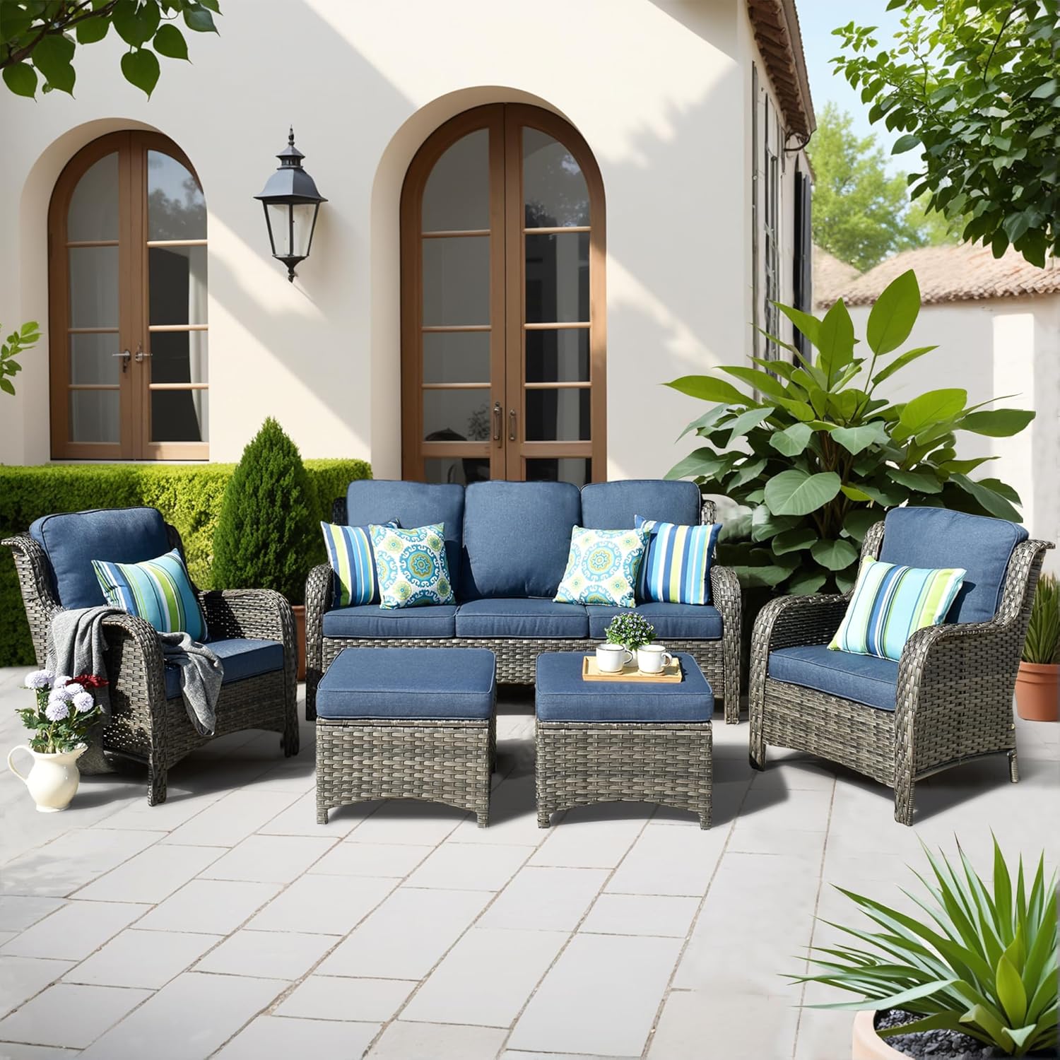 ovios 5-Pieces Patio Furniture Set, Outdoor Wicker Sofa Couch with Chairs Ottomans Comfy Cushions, All Weather High Back Modern Conversation Set, Grey Rattan, Denim Blue