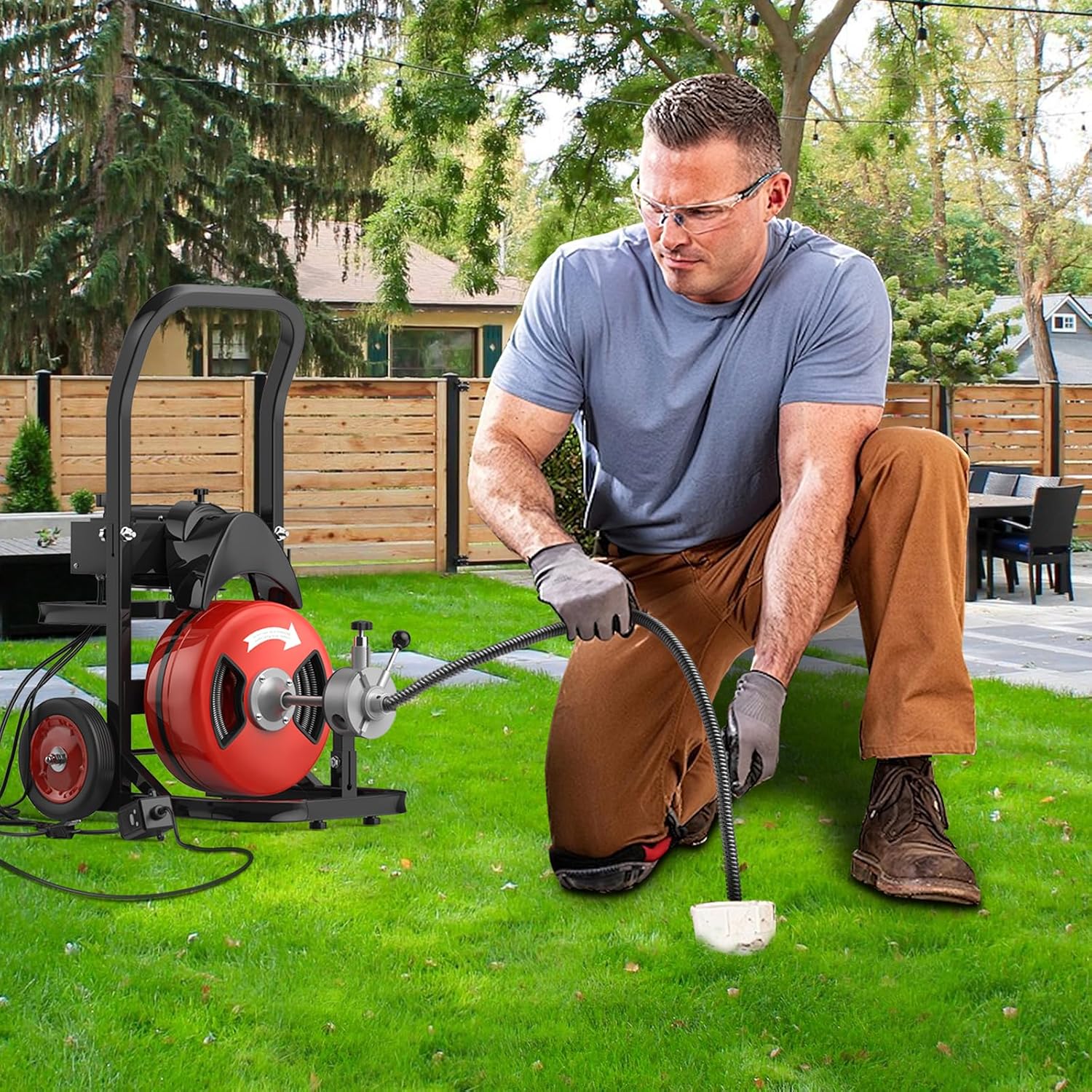 Drain Cleaner Machine, 100FT x 1/2 Inches Auto Feed Sewer Snake Auger, Sewer Snake with 4 Cutters and Pneumatic Foot Switch, for 2