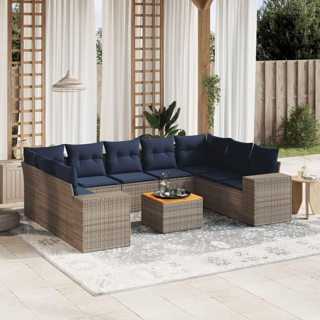 10 Piece Garden Sofa Set, Grey Poly Rattan, Acacia Wood Tabletop, Outdoor Patio Furniture with Cushions, Modular Design for Backyard Terrace