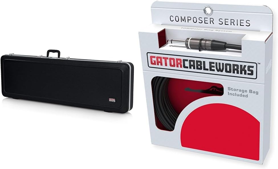 Gator Cases Deluxe Molded Bass Guitar Case + Cableworks Composer Series 10ft Instrument Cable