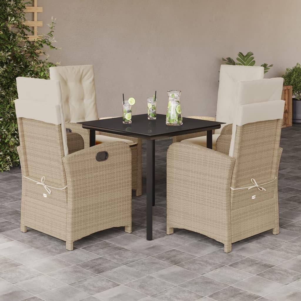 5 Piece Patio Dining Set with Cushions Beige Poly Rattan,Premium Patio Dining Set with Rattan Chairs and Tempered Glass Table Furniture Sets for Patio, Lawn & Garden