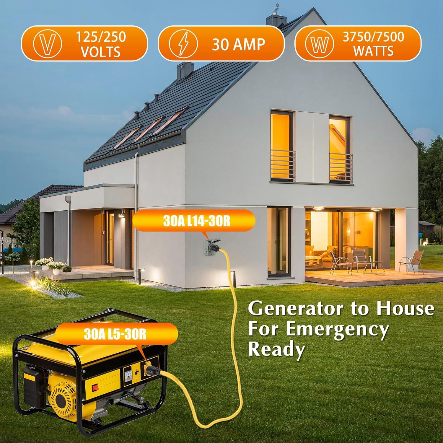 Kanayu 25ft Generator Transfer Switch Adapter Cord Compatible with NEMA L5-30p to L14-30r, 30 Amp Locking 3 Prong to 4 Prong Adapter Rv Generator to House Inlet Box, STW 10 Awg, Etl Listed