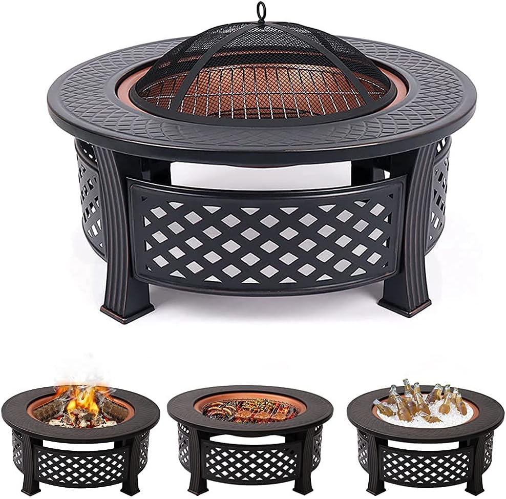 3 in 1 Garden Fire Pit with Grill Shelf Multifunctional Fire Pit for Heating/Ice Pit Patio Heater Garden Terrace Fire Bowl Round Metal Fire Basket with Waterproof