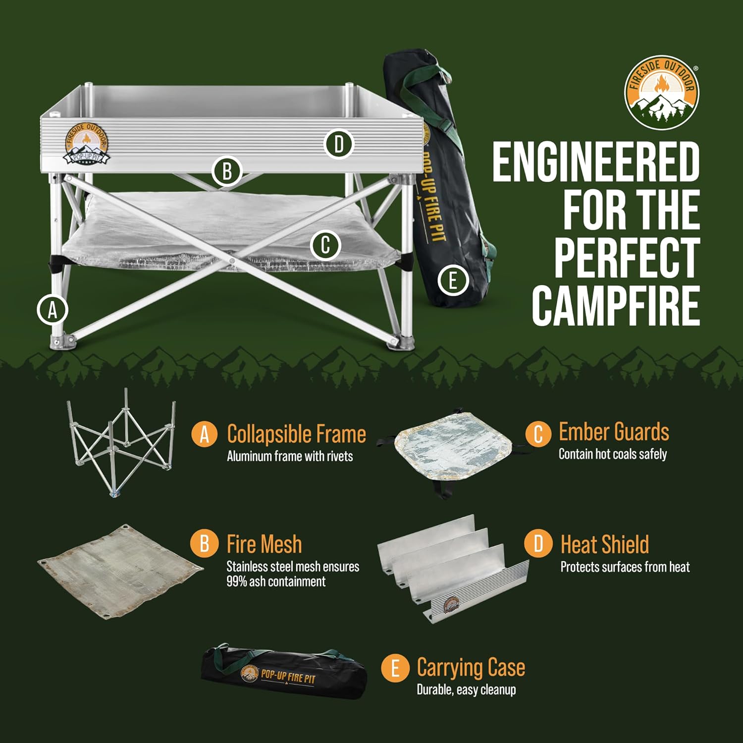 Fireside Outdoor Portable Fire Pit for Camping, Portable Fire Pit Grill for Backyard, Outdoor Firepit with Heat Protect, Camping Firepits, Standing Bonfire Outside for Backyard, 8 lb Weights - 24 inch