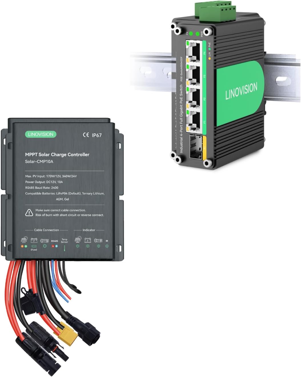 LINOVISION MPPT 12V/24V 10A Solar Charge Controller with PoE Switch