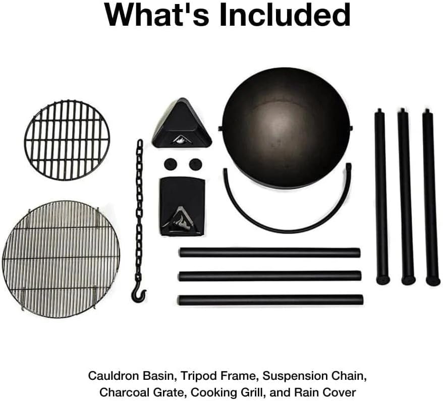 Cowboy Cauldron The Dude Fire Pit & Grill - Smokeless Fire Pit for Outside with Steel Cauldron, Tripod Legs, and Charcoal Grate - Outdoor Fireplace for Patio, Bonfire, and Cooking