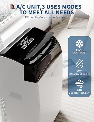 12,000 BTU Portable Air Conditioner, 3-In-1 Room Air Conditioner with Dehumidifier, Fan, Portable AC Unit for Rooms Cools Up to 550 Sq. Ft., Auto-Swing, Remote Control, Quiet Operation, 24-Hour Timer