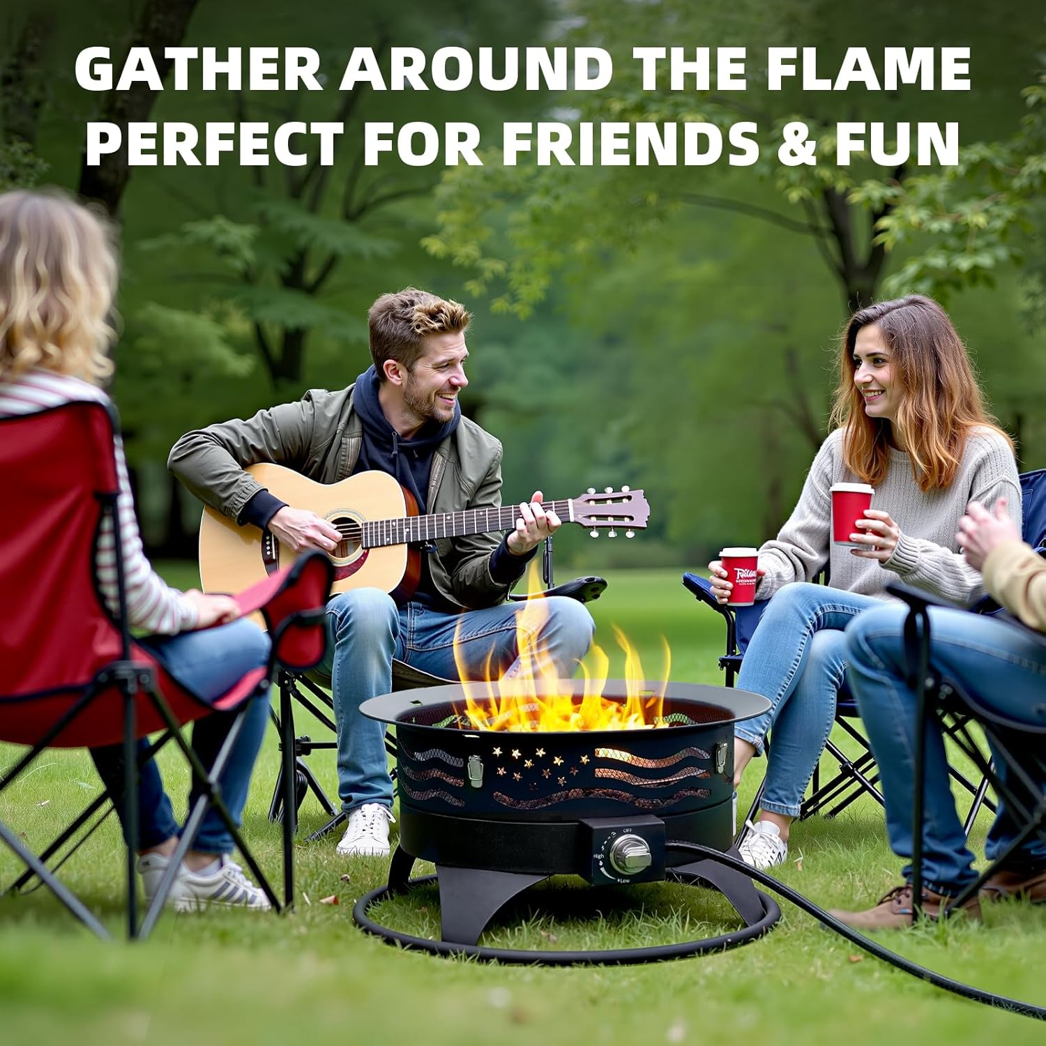 24 Inch Portable Propane Fire Pit with Grill, 60000 BTU Outdoor Gas Firepit with Lava Rocks & Adjustable Flame, Smokeless Gas Firebowl for Backyard, Camping & Gatherings