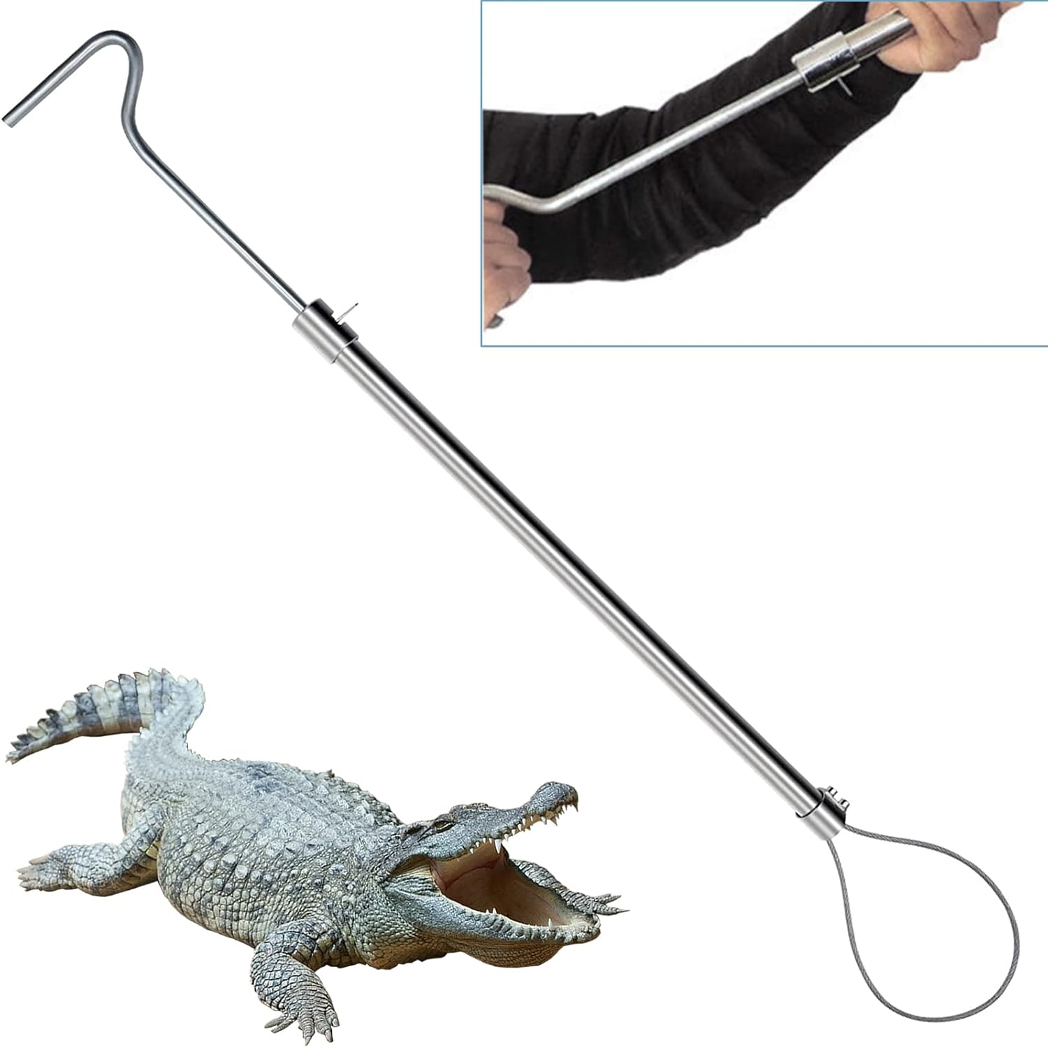 52'' Alligator Catch Pole Extra Long Control Tool Capture Noose Stainless Steel Catching and Releasing Trap for Dogs Wolves Goats Catching Game Finders