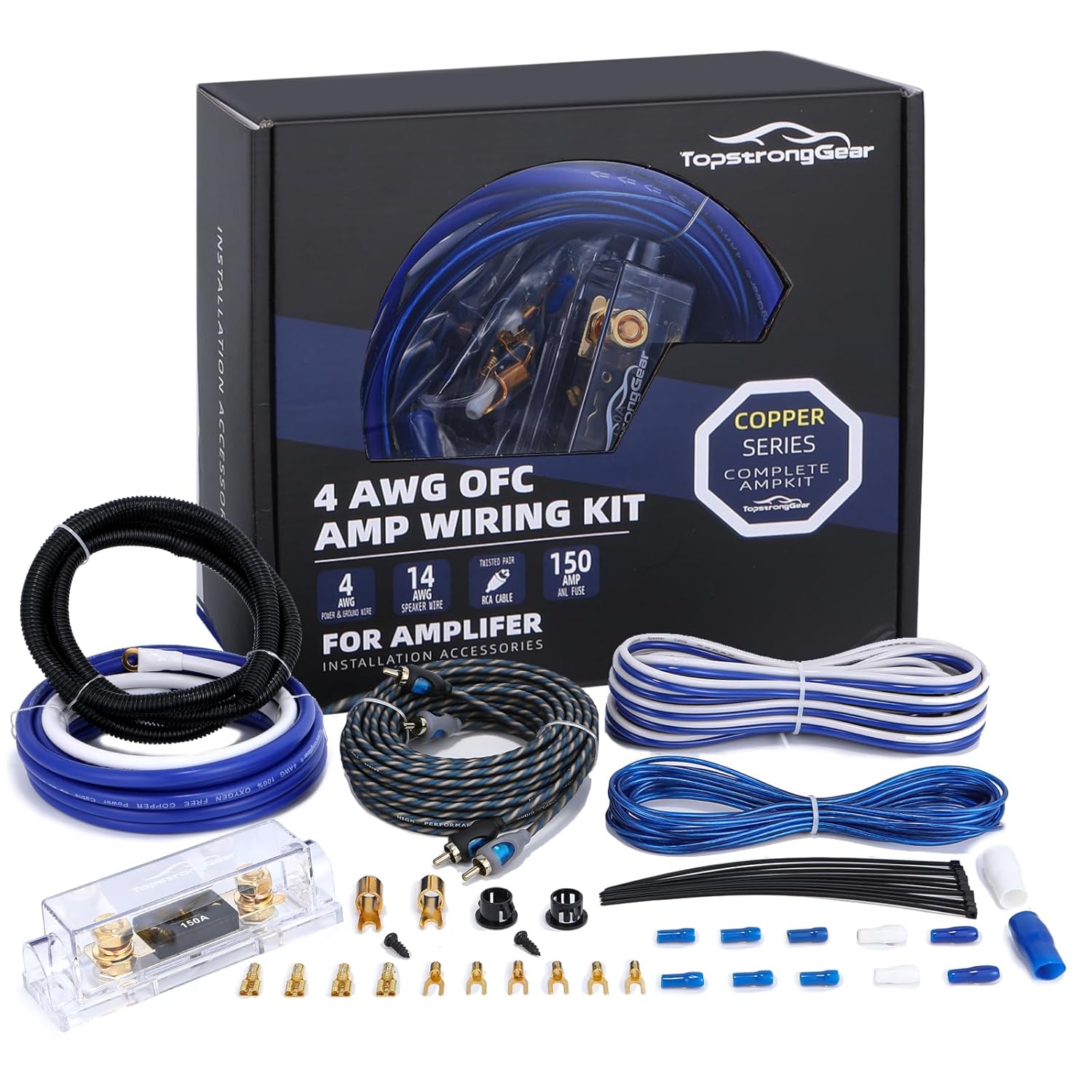 TOPSTRONGGEAR 4 Gauge OFC Amp Kit Car Audio Amplifier Wiring Install Kit with RCA Cables, 150A Fuse, 17FT Power Cable – 4 OFC Complete Subwoofer Installation Kit for Car, Truck, Marine Stereo Systems