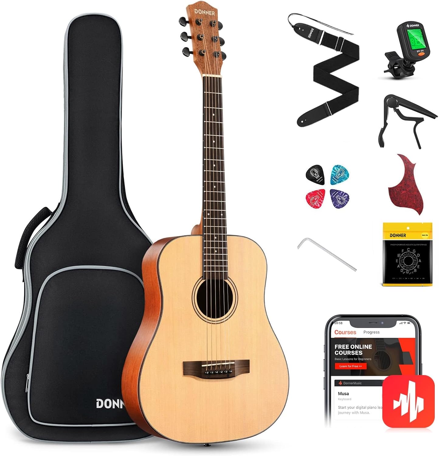 Donner 3/4 Acoustic Guitar Kit 36 Inch Dreadnought Acustica Guitarra Bundle for Beginner Adult Youth Travel With Steel String Spruce Wood Gig Bag Tuner Pickguard Right Hand