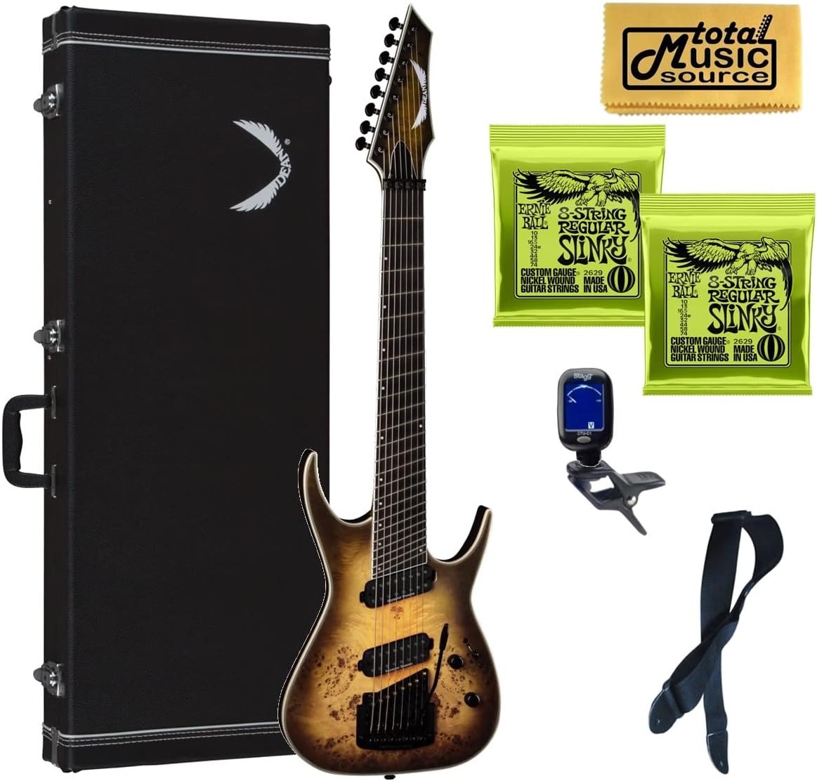 Dean 8 String Exile Select Multiscale Kahler Guitar, Ebony, Satin Black Burst, Bundle