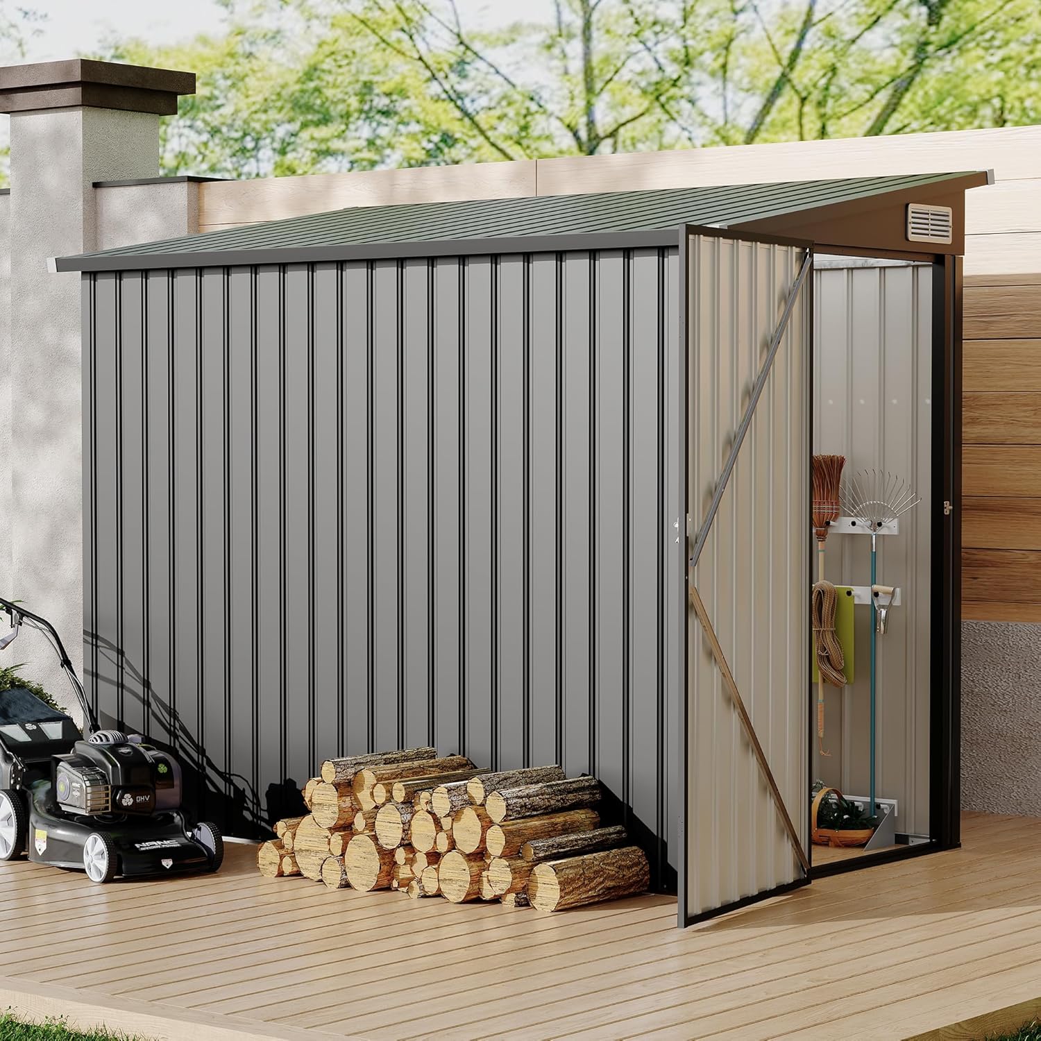 4x8x6 FT Metal Outdoor Lean to Storage Shed, Garden Tool Metal StorageHouse W/Lockable Door and 2 Air Vents, Lean to Garden Shed Utility ToolShed