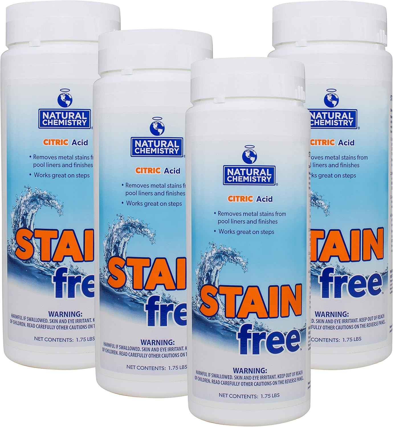 Natural Chemistry Stain Free, 1.75 lb, Pack of 4, 100% Citric Acid, Eliminates Metal Stains and Effective on All Pool Surfaces, Works with All Sanitizing Systems