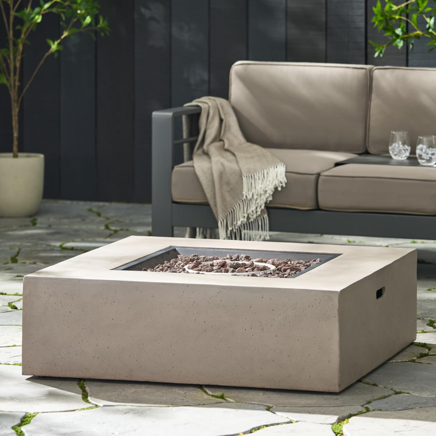 Penau 50,000 BTU Square Outdoor Fire Table, Light Grey Magnesium-Oxide Stone-Look, Propane Fire Pit Table with Lava Rock Basin, 40 x 40 x 12.5 Inchs