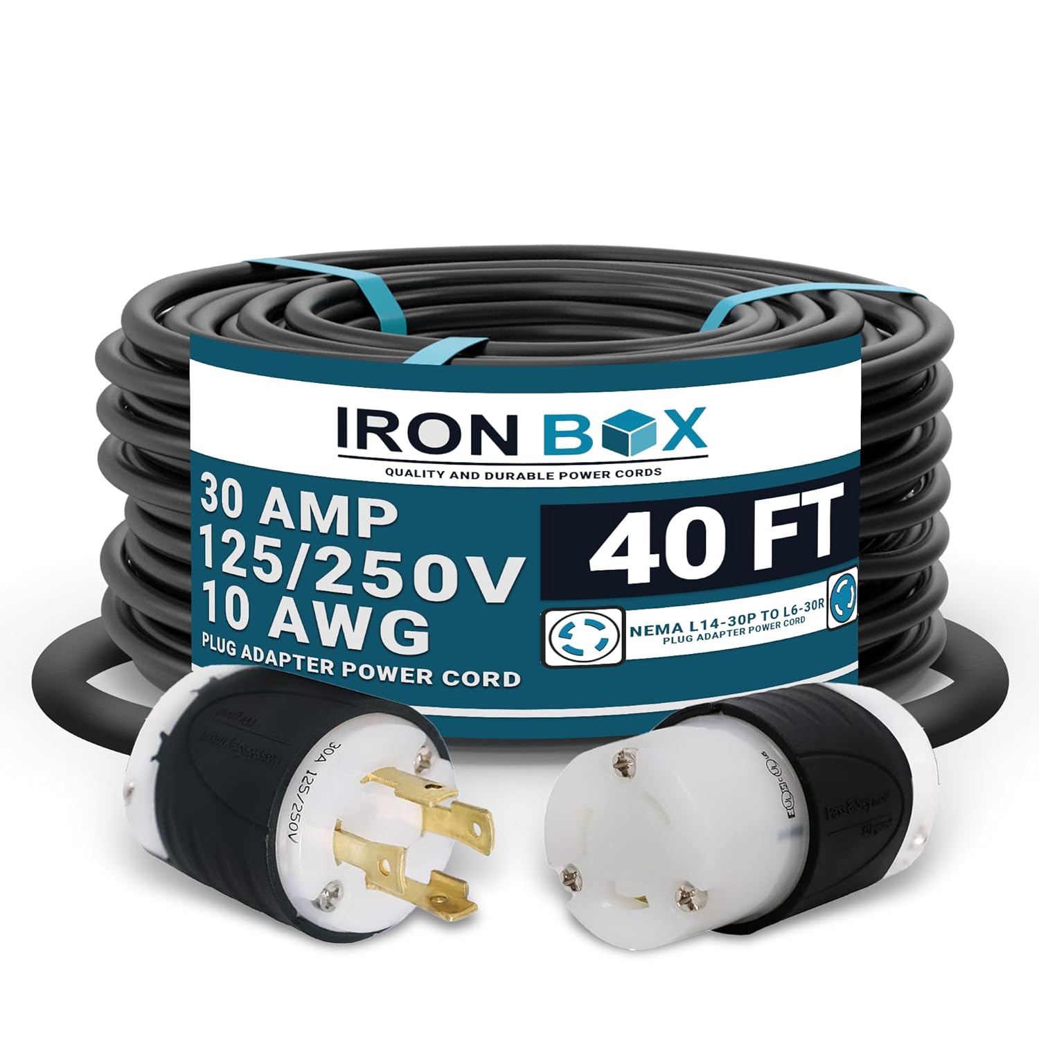 IronBox Electric NEMA L14-30P to L6-30R Plug Adapter Power Cord - 30A, 10 AWG, 125/250V - Heavy Duty UL Listed Power Cable for Generator, Outdoor, Data Centers, Camper & More (40 ft, Custom Built)