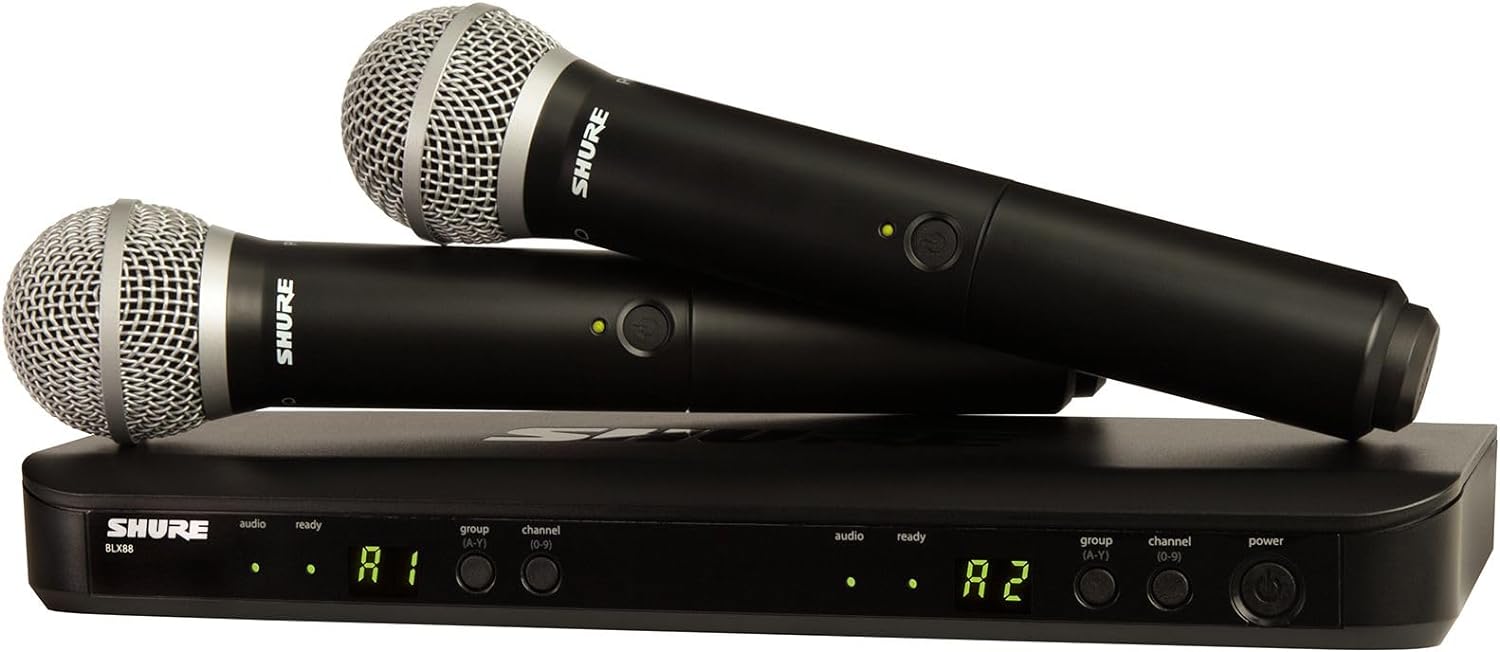 Shure BLX288/PG58 Wireless Microphone System - 14-Hour Battery Life, 300 ft Range, UHF | Includes (2) PG58 Handheld Vocal Mics, Dual Channel Receiver | H10 Band (BLX288/PG58-H10)