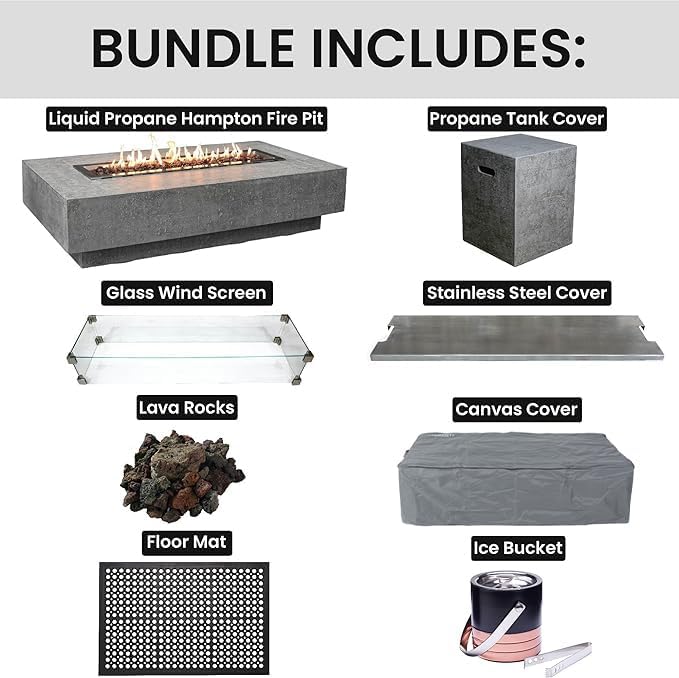 Elementi Hampton Fire Pit Bundle Outdoor Firepit Set Includes 56” Propane Concrete Firepit Table, Glass Windscreen, Stainless Steel Cover, Tank Cover, Canvas Cover, Floor Mat, Ice Bucket